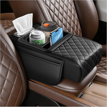 2026 New 5 in1 Car Armrest Storage Box,Multifunctional Leather Car Armrest Box Pad with Cup Holder & Phone Holder & Storage Bag,Comfortable Center Console Cover for Elbow Support