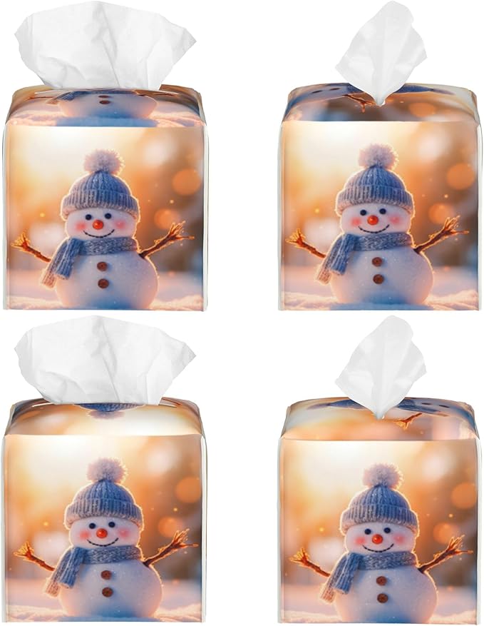 Cute Christmas Snowman Tissue Box Cover Square,Winter Christmas Snowman Tissue Box Holder Waterproof Leather Facial Paper Organizer Dispenser for Bathroom Home Car Nightstand Vanity Desk