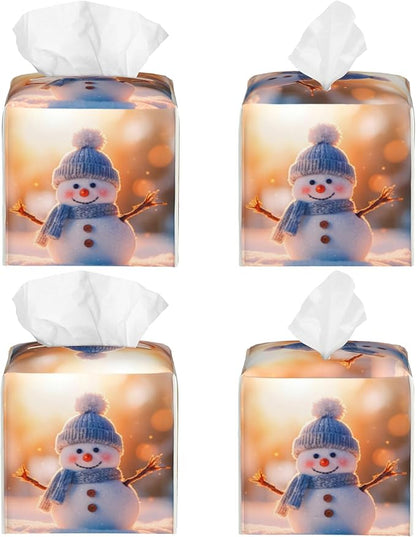 Cute Christmas Snowman Tissue Box Cover Square,Winter Christmas Snowman Tissue Box Holder Waterproof Leather Facial Paper Organizer Dispenser for Bathroom Home Car Nightstand Vanity Desk