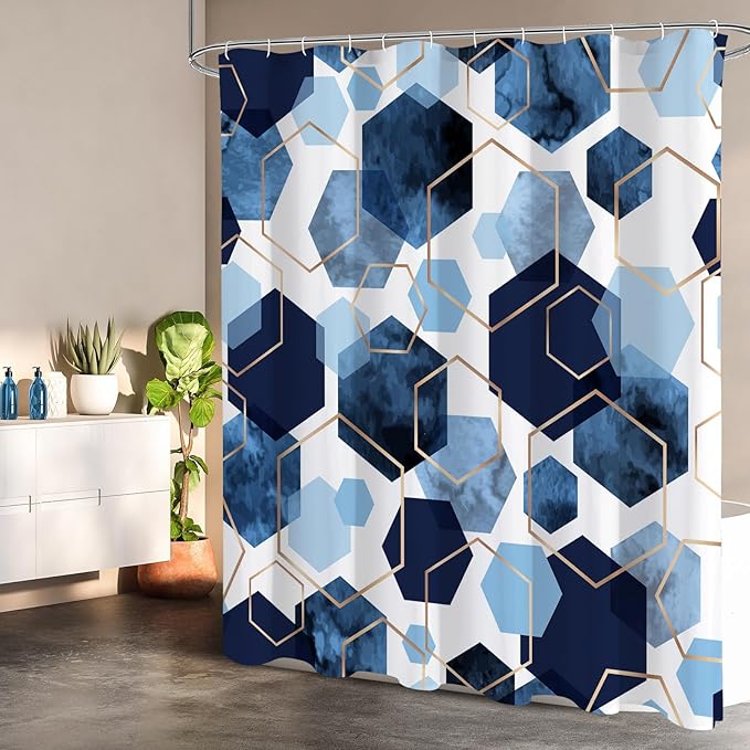 Litabel Blue Shower Curtain Set, Modern Geometric Art Decor Waterproof Bath Curtain, Abstract Fabric Shower Curtain for Bathroom, 72x72 Inch