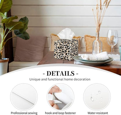 PVC Tissue Box Cover Holder,Leopard Square Decorative Organizer,5.2"X5.2"X5.2" Tissue Case for Bathroom, Tabletop, Car, Office