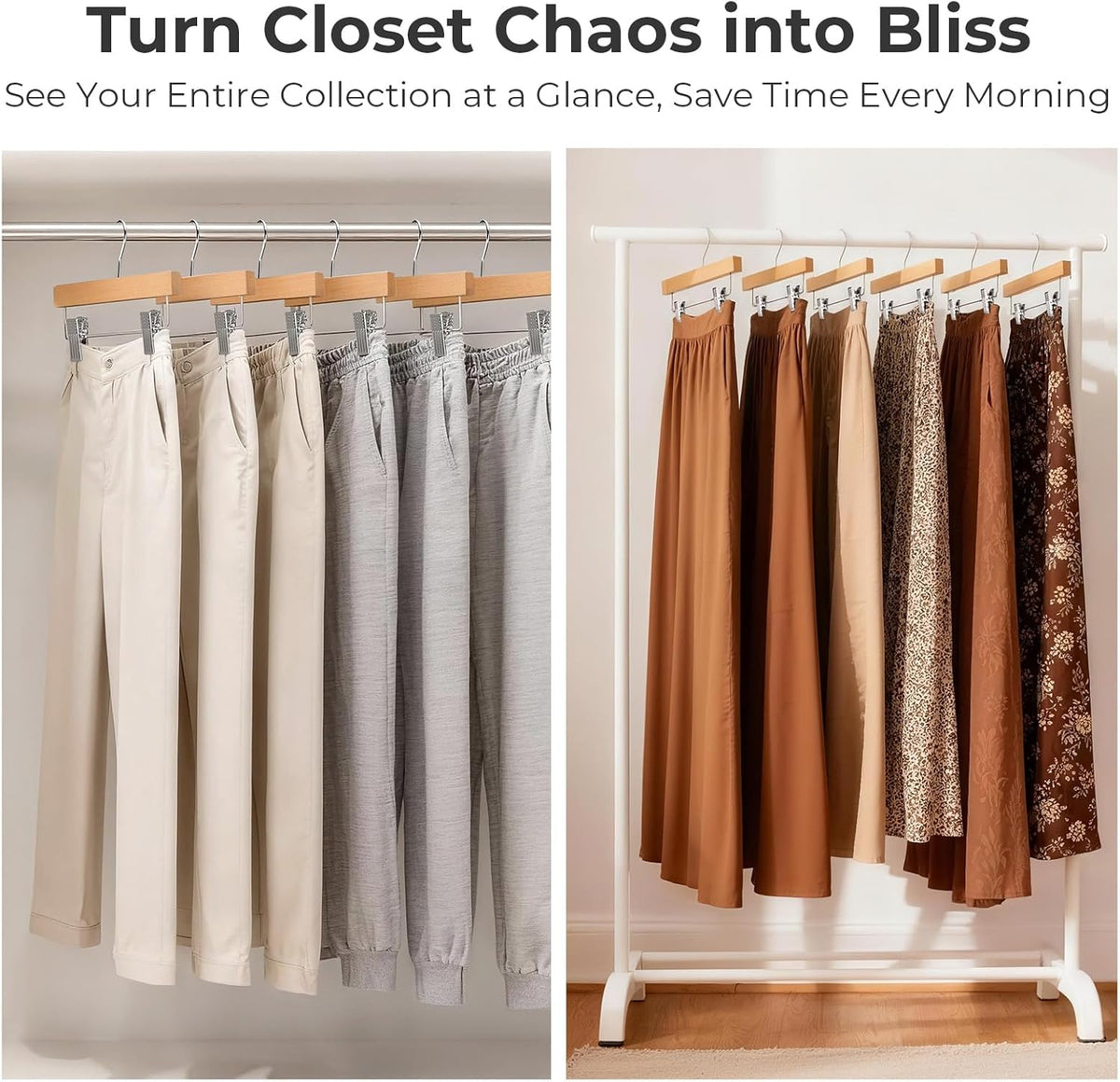 HOUSE DAY Wooden Pants Hangers with Clips, Solid Lotus Deluxe Wood Skirt Hangers, Heavy Duty & Anti-Rust Hook for Wrinkle-Free Slacks, Skirts, Jeans, Space Saving for Closet 20 Pack (Natural)