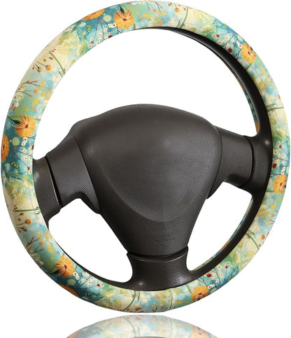 Dandelion & Wildflower Steering Wheel Cover for 14.5-15 Inch (37-38 cm) Wheels, Premium Fabric with Non-Slip Rubber Inner Ring (Dandelion & Wildflower)
