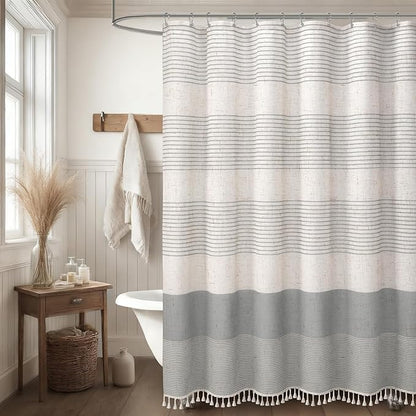 XOGUIBO Grey Shower Curtain Farmhouse Linen Striped Shower Curtains for Bathroom with Tassel 72 X 72
