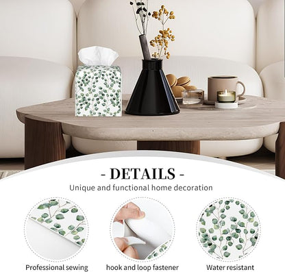 POIUBLE Leather Tissue Box Holder Green Eucalyptus Leaves Tissue Box Cover Square Waterproof Tissue Holder Organizer Modern Napkin Holder for Bedroom Dresser Night Stand Office Desk