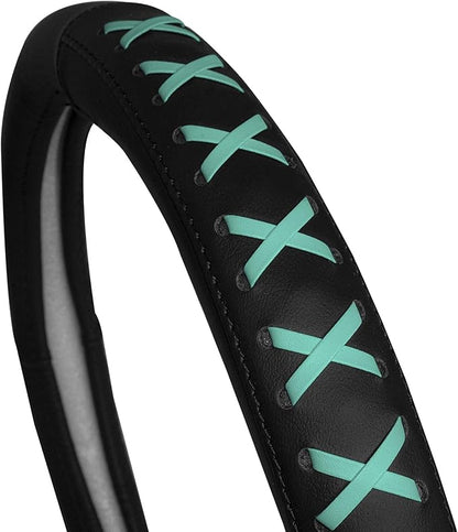 FH Group Universal Fit 15 Inch Genuine Leather with Lace-Up Detailing Steering Wheel Cover fits Most Cars, SUVs Mint