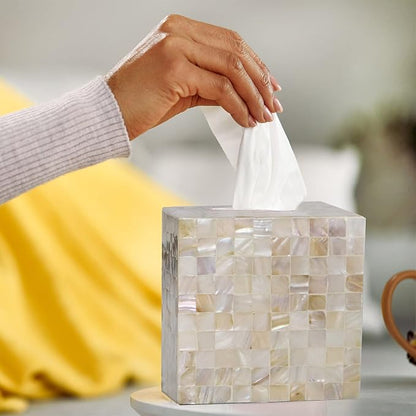 PEMAR Handcrafted Wooden Tissue Box Cover for Small Cube Tissue Boxes Only (Max Inner Size 4.7”) – Mother of Pearl Inlay Decorative Tissue Holder for Bathroom, Living Room & Office (White Sand)