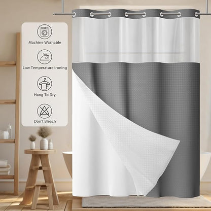 GICDSU No Hook Shower Curtain with Snap in Liner, Waffle Shower Curtain Set for Bathroom, Hotel Style with Semi-Sheer Top Window, Waterproof & Washable, Dark Grey, 71" W x 86" L