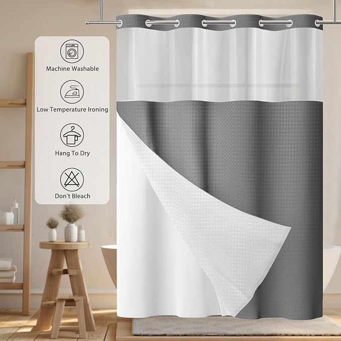 GICDSU No Hook Shower Curtain with Snap in Liner, Waffle Shower Curtain Set for Bathroom, Hotel Style with Semi-Sheer Top Window, Waterproof & Washable, Dark Grey, 59" W x 75" L