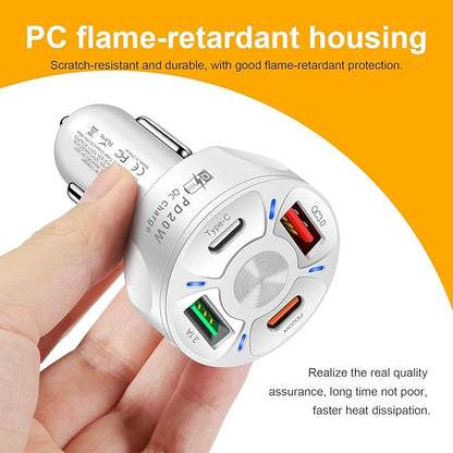 Augeny 4 Ports Car Fast Charging Charger Cigarette Lighter Adapter, Super Fast Auto Charging Cigarette Lighter Plug with QC 3.0, PD 20W, Type C, 3.1 A, Vehicle Phone Charger for Car SUV(White)