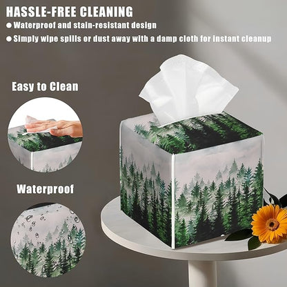 Watercolor Leather Tissue Box Holder Foggy Forest Tissue Box Cover Facial Paper Case Organizer Cube Napkin Dispenser for Bathroom Vanity Countertop Night Stand Office Car