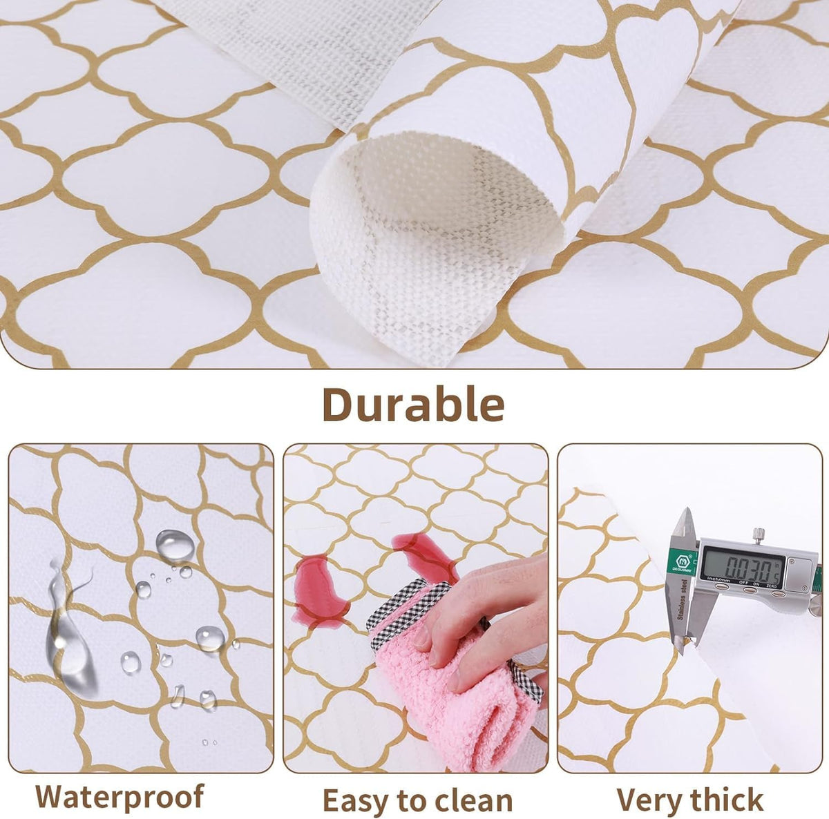 Shelf Drawer Liners for Kitchen Cabinets Non Adhesive Drawer Liner Thickened Refrigerator Liner Gold Quatrefoil Strong Non-Slip Paper for Tool Box with Knife and Tape Measure,23.6 x 354.3 Inches