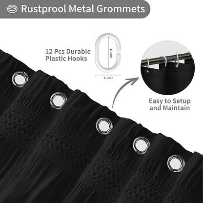 Lameirose Extra Long Black Shower Curtain Farmhouse,72 x 78 Cotton Blend Waffle Tufted Striped Chic Textured Fabric Shower Curtain for Bathroom, Hotel, Washable