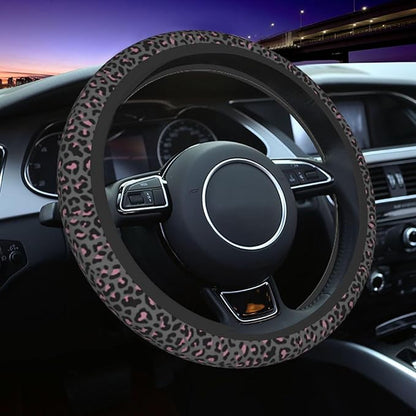 Pink Black Leopard Cheetah Print Steering Wheel Cover, Cute Anti-Slip Breathable Car Accessories Interior Elastic Steering Wheel Cover for Women Fit Auto, SUV Vans Truck Universal 14.5-15 Inch