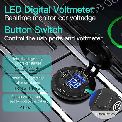 3 Port 12V USB Outlet Aluminum Car Charger, 78W Dual PD30W/QC3.0 Multiple USB Port with Voltmeter and Switch, USB C Cigarette Lighter Replacement 12 Volt Socket Waterproof for Marine Boat Truck RV