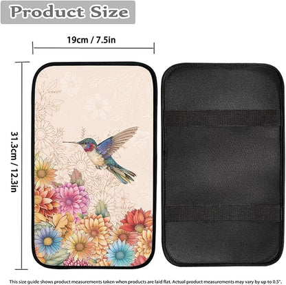 Center Console Armrest Cover Pad for Most Vehicle, Boho Flower Hummingbird Armrest Cushion Protector for SUV, Truck, Car,Universal Fit Car Accessories Interior