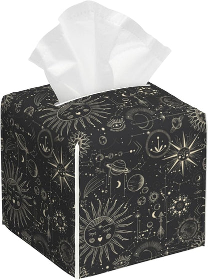 POIUBLE Zodiac Signs Tissue Box Holder Moon Phases Tissue Box Cover Square Leather Tissue Holder Organizer Portable Decorative Facial Paper Case for Home Office Bathroom Vanity Countertop
