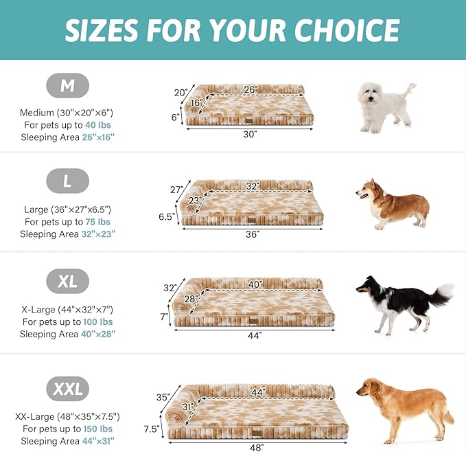 COZY KISS Cute Dog Bed, Faux Rabbit Fur Orthopedic Dog Bed with Sides, Removable Washable Cover & Waterproof Lining, Comfortable Pet Couch for Extra Large Dogs, Tie-Dye Brown (48" L x 35" W x 7.5" Th)