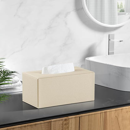 JLAMBOM Rectangle Tissue Box Cover for 120 to 160 Count Box of Tissues, PU Leather Tissue Holder with Magnetic Closure (Beige)