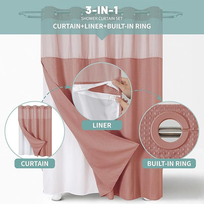 eachope Coral No Hook Waffle Weave Shower Curtain with snap-in Liner Replacement, 230GSM Waterproof Fabric Hotel Shower Curtain Set for Bathroom, Through Mesh Top Window,71Wx74H