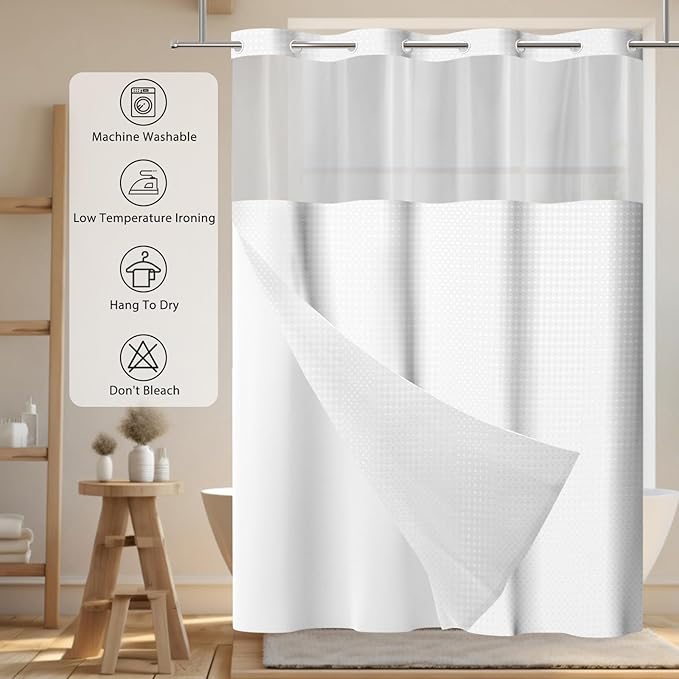 GICDSU No Hook Shower Curtain with Snap in Liner, Waffle Shower Curtain Set for Bathroom, Hotel Style with Semi-Sheer Top Window, Waterproof & Washable, White, 71" W x 86" L
