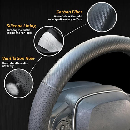 Carbon Fiber Leather Steering Wheel Cover, Universal 14.5–15 Inch Non-Slip Breathable Steering Wheel Cover for Cars, Carbon Fiber