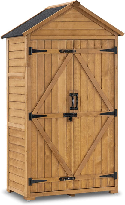 MCombo Outdoor Storage Cabinet with 2 Shelves, Outside Storage Shed with Floor, Wooden Garden Tool Shed with Latch for Yard Deck Lawn, 1000