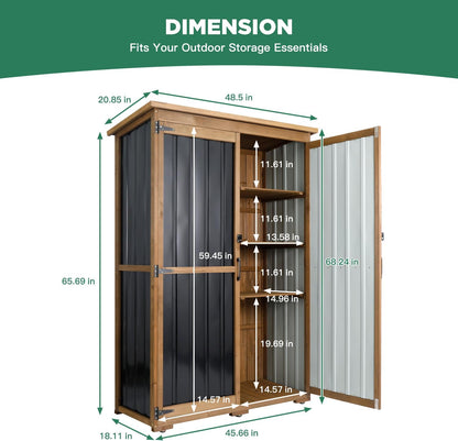 Outdoor Storage Cabinet, Wood & Metal Storage Shed with Weather-Resistant Roof, Double Lockable Doors, Removable Shelves & Adjustable Feet, for Patio, Backyard, Poolside, 46" x 18" x 68"