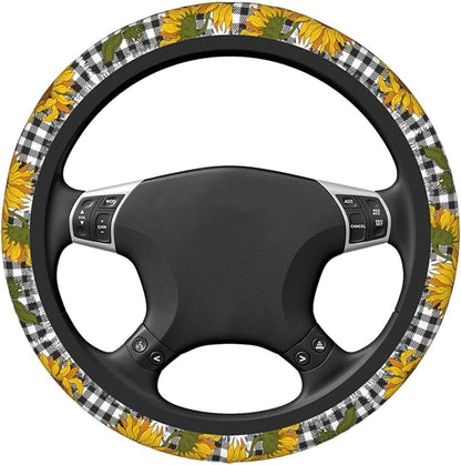 Checkered Sunflowers Steering Wheel Cover Women Men Elastic Stretch Soft Car Wheel Protector Universal Breathable No-Slip Car Accessories for Truck Van SUV Auto Fit 14-15 Inches