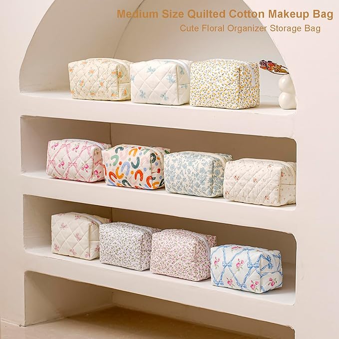 Gleyemor Small Quilted Makeup Bag for Women, Cute Floral Bow Cosmetic Bag, Emergency Bag Travel Toiletry Cotton Pouch Gifts for Girls Her Mom Friend Sister Bridesmaid (Big Pink Bow)