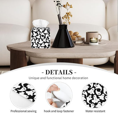 POIUBLE Cute Ghosts Tissue Box Cover Halloween Leather Tissue Box Holder Square Facial Paper Organizer Dispenser for Bathroom Kitchen Bedroom Vanity Countertop Night Stands