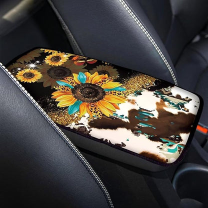 Universal Armrest Cover Pad, Sunflower Cow Print Car Center Console Cushion Pad, Protect from Pet Claws, Sticky Fingers, Auto Decor Accessories
