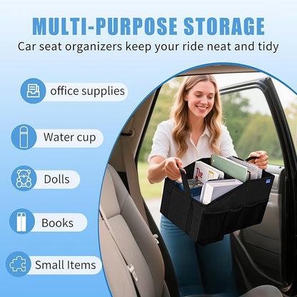 Car Organizer- Car Seat Organizer for Front Seat Back Seat Between Seats, Foldable Car Storage Organizer for Kids Adults with Multi-Mesh-Pockets-Car Organizers Backseat with Detachable Divider-Black