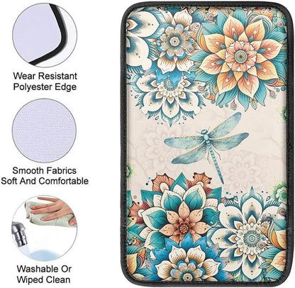 JoyLamoria Boho Dragonfly Flower Vehicle Center Console Cover Armrest Cover Pad Universal Fit Soft Comfort Center Console Armrest Cushion for Car Truck SUV