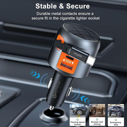 60W Retractable Car Charger, 3-in-1 USB-C Fast Charging Cigarette Lighter Adapter with Built-in Retractable Cable, Compatible with iPhone 16/15 Pro Max, Galaxy S25, iPad – Orange