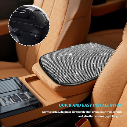 Bling Car Center Console Cover, Car Armrest Cover, Diamond Rhinestone Auto Center Console Cover Protector, Universal Arm Rest Cushion Pads Car Interior Accessories for Vehicles, SUVs (White)