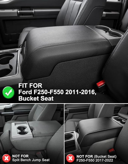 KBH Center Console Armrest Cover for Ford F250 F350 F450 F550 2011-2016, Auto Arm Rest Box Cushion Pad, PU Leather Trim, Anti-Scratch, Black-red Stitch (Fits Bucket Seat Console Only)