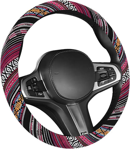 Boho Car Steering Wheel Cover, Ethnic Style Anti-Slip Coarse Flax Cloth Auto Wheel Cover, Bohemian Steering Wheel Protector for Most SUVs Vans Trucks, Car Accessories (Style J)