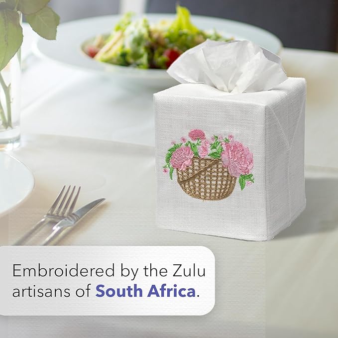 Jacaranda Living Square Tissue Box Cover, Linen/Cotton Fabric Tissue Holder, Decorative Cloth Tissue Cube Cover, Nature Designs Three Napoleon Bees (Duck Egg Blue)