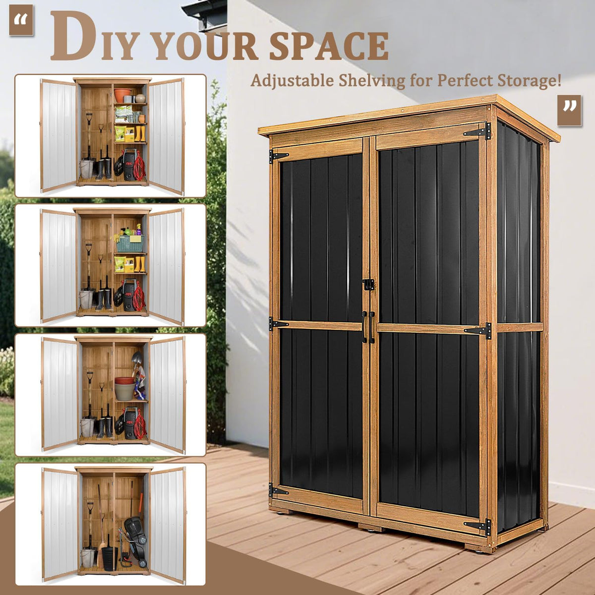 46" L Large Outdoor Storage Cabinet with Shelves, Wood & Metal Storage Shed Weather-Resistant, Outside Storage Cabinet for Garage Patio Backyard Garden with Waterproof Roof