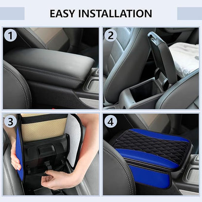 Leather Car Center Console Cover,Upgraded Center Console Cushion Pad with Side Pockets,Patchwork Arm Rest Cover for Car,Waterproof Armrest Seat Box Covers,Universal for Most Vehicles (Blue)