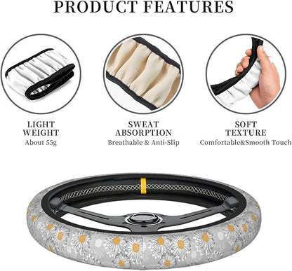 Floral Daisy Steering Wheel Cover Women Men Vintage Flower Elastic Stretch Soft Car Wheel Protector Universal Breathable No-Slip Car Accessories for Truck Van SUV Auto Fit 14-15 Inches