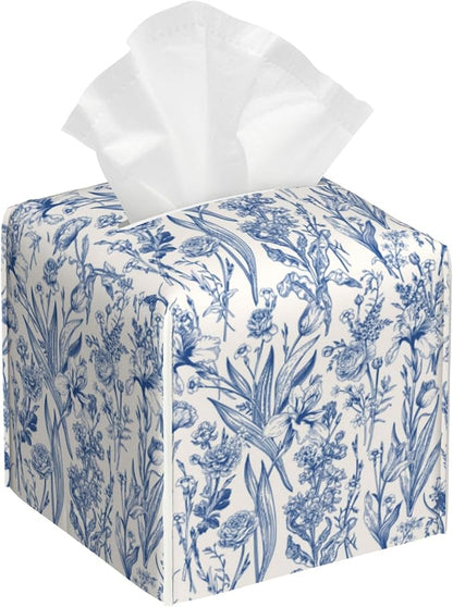 Vintage Floral Leather Tissue Box Holder Blue Flowers Tissue Box Cover Facial Paper Case Organizer Cube Napkin Dispenser for Bathroom Vanity Countertop Night Stand Office Car