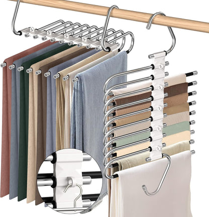 9 Layers Pants Hangers Space Saving, 2 Pack Multifunctional Pant Rack Stainless Steel Closet Organizer for Pants Jeans Leggings Trousers, Antiquewhite