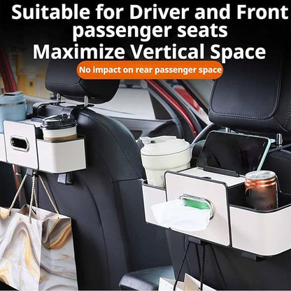 Car Organizers and Storage Box Behind Seat, 2026 New Car Headrest Organizer Back Seat with Drink Cup Holder Tissue Box for Hold Phone, Snacks, Drinks, Handbag (Beige)