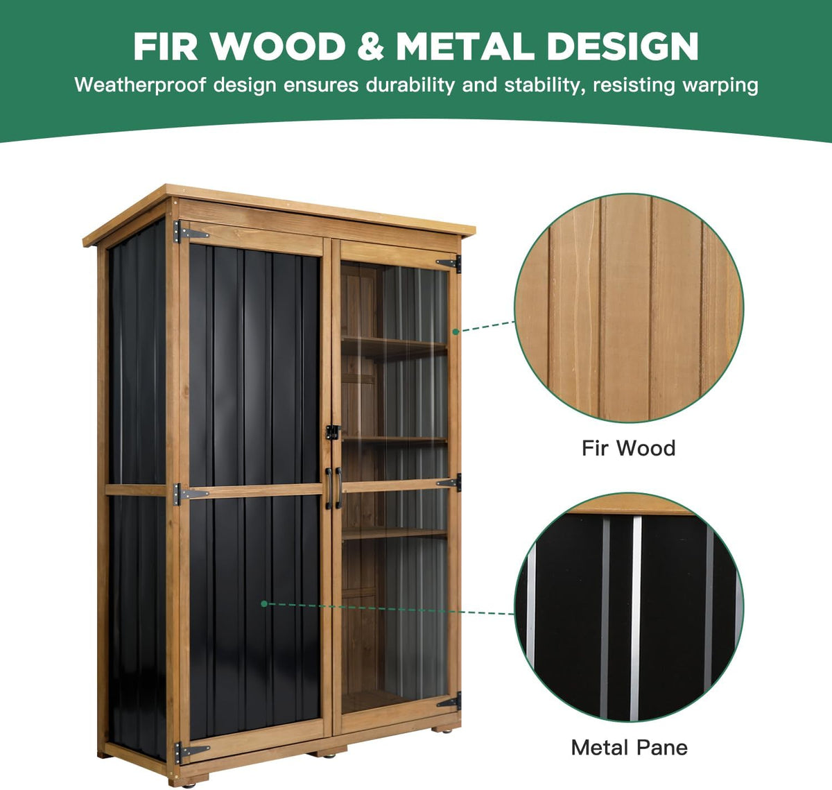 Outdoor Storage Cabinet, Wood & Metal Storage Shed with Weather-Resistant Roof, Double Lockable Doors, Removable Shelves & Adjustable Feet, for Patio, Backyard, Poolside, 46" x 18" x 68"