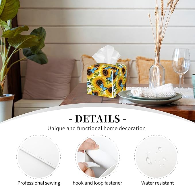 Sunflowers and Blue Butterflies Tissue Box Cover Square,Watercolor Sunflower Tissue Box Holder Waterproof Leather Facial Paper Organizer Dispenser for Bathroom Home Car Nightstand Vanity Desk