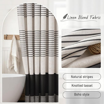 XOGUIBO Black Shower Curtain Boho Linen Striped Shower Curtains for Bathroom with Tassel 72 X 72
