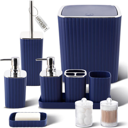 Navy Blue Bathroom Accessories Set - Gorgeous Bathroom Set, 10PC Bathroom Accessory Set, Toilet Brush, Trash Can, Qtip Holder Dispenser & Soap Dispenser
