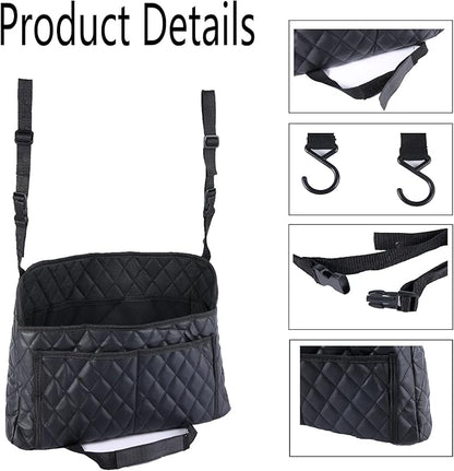 Modern Minimalist Car Seat Storage Bag - Black Faux Leather Caddy - Automotive Seat Back Organizer - 2 Compartments - Rectangular - Durable - Seat-back mounted - 15.35 x 3.94 x 10.63 inches